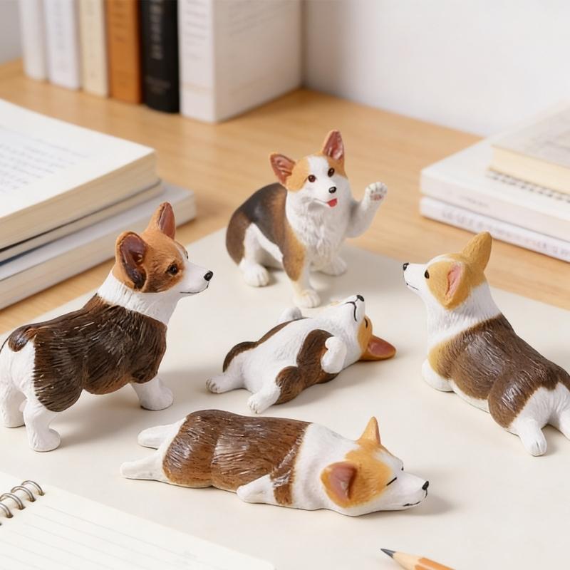 5Pcs Mini Dog Figurines with Assorted Poses Strong Small Dog Statues Easy Adhesive Installation for Car Dashboard Decors