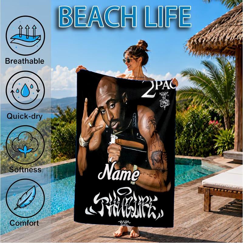 Custom Name RIP Tupac: Legacy Lives Heart In Space Adventure Microfiber Beach Towel, Lightweight for Summer Travel, Swimming Pool Fan Gift