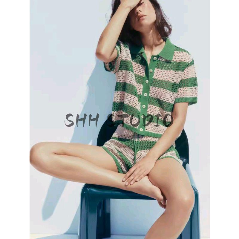 Stripes Polo Shirt Short Sleeve Knitting Outwear 3920284 High Waist Temperament Leisure Knitting Shorts 3920285