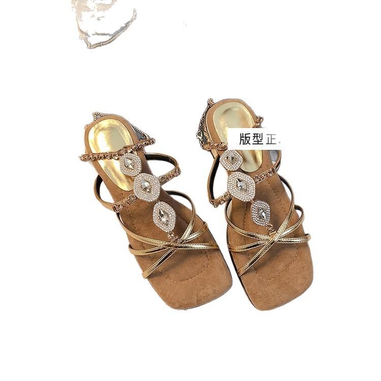 Romantic Bohemian Style~ Retro Exotic Rhinestone Chain High Heel Sandals Women's Thin Heel Light Luxury High Ji Feeling