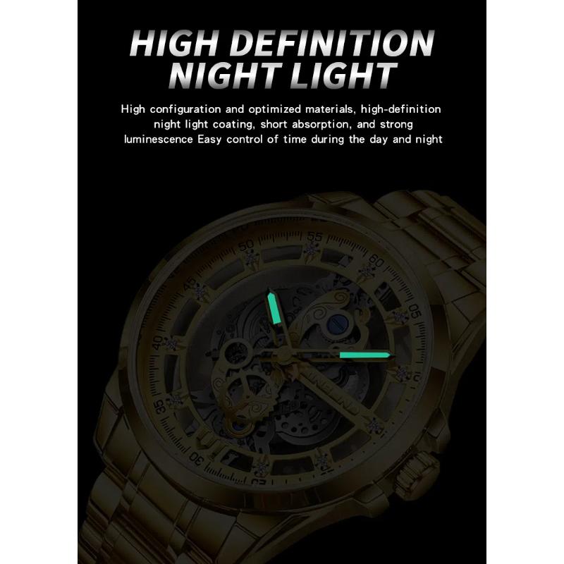 BINBOND Neue Herrenuhr, authentischer Luxus, trendige, ausgehöhlte, leuchtende, wasserdichte Quarzuhr aus Edelstahl/Leder