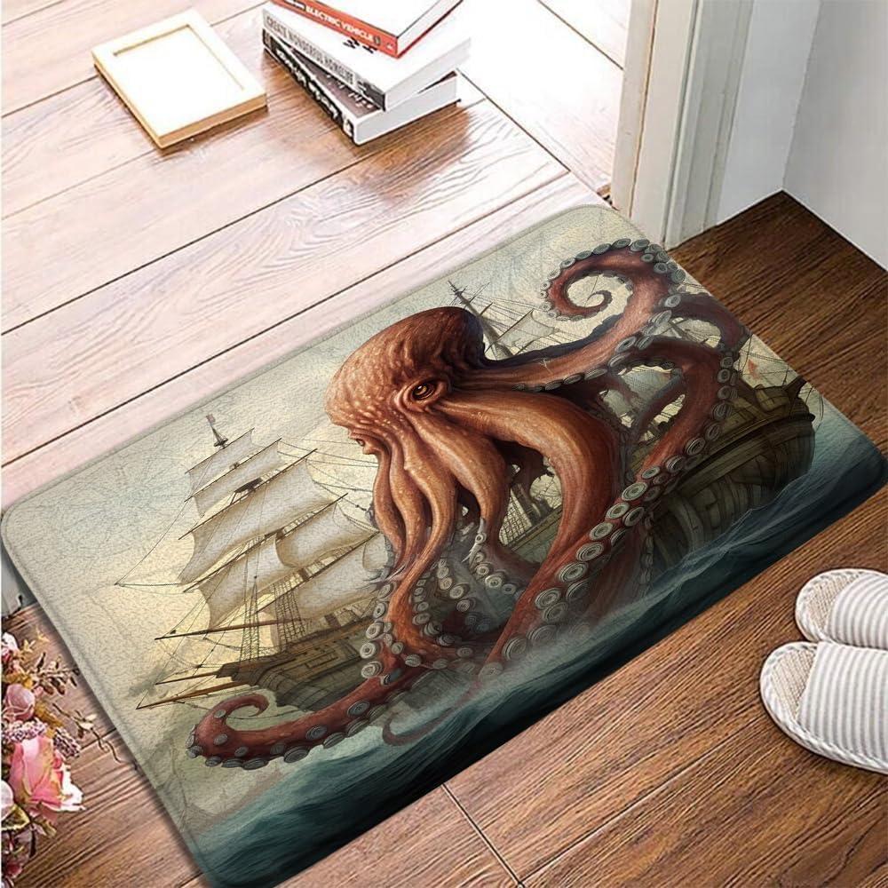 Sea Octopus Underwater World Watercolor Octopus Print Large Rug Modern Art Ocean Animals Decor Floor Mat Non-Slip Indoor Carpet