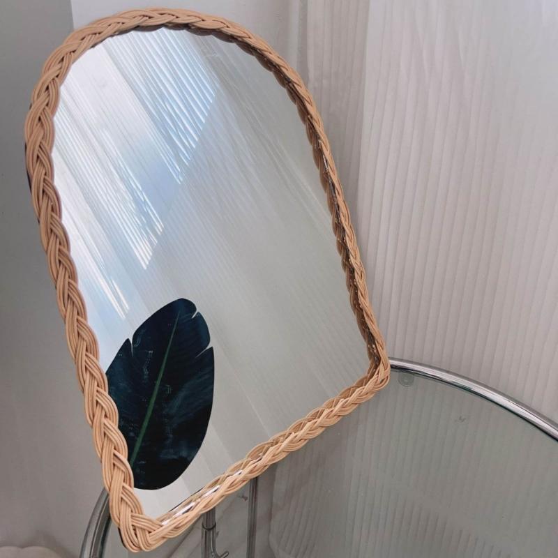Rattan Wall Mirror with Wooden Framed Farmhouses Arched Wood Mirror for Modern Decorative Bathroom Living Room Entryway