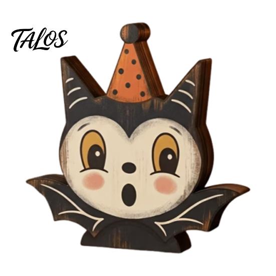 Vintage Style Wood Statues Halloween Wooden Ornaments, Cute Bat/Black Cat/Owl/Pumpkin/Ghost/Skull Decorations, Retro Rustic Pumpkin Ghost Cat
