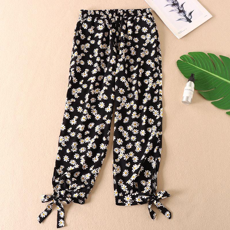 

Шелковистые прохладные летние тонкие шифоновые шаровары для женщин, на шнурке, универсальные, с принтом, свободные, для кондиционированного воздуха, противомоскитные брюки Wa193 Black L