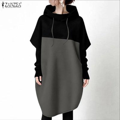 Women Hoodies Casual Patchwork Long Sleeve Hooded Sweatshirt Dress