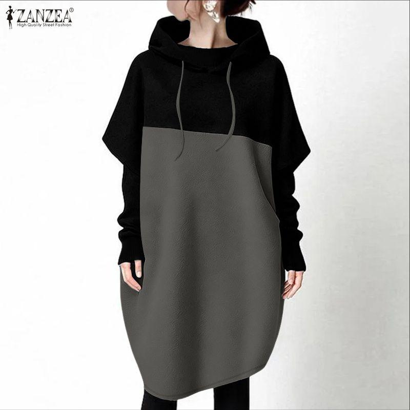 ZANZEA Women Hoodies Casual Patchwork Long Sleeve Hooded Sweatshirt Dress