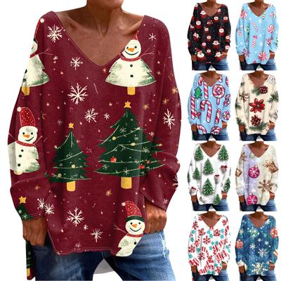 Women's Fashionable Casual Long Sleeved Christmas Printed V Neck Loose T Shirt Top