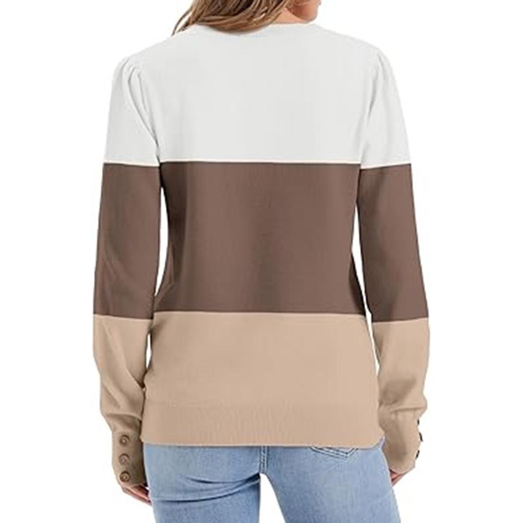 Women's Color Blocked Button Round Neck Long Sleeved Loose Fitting Pullover Top
