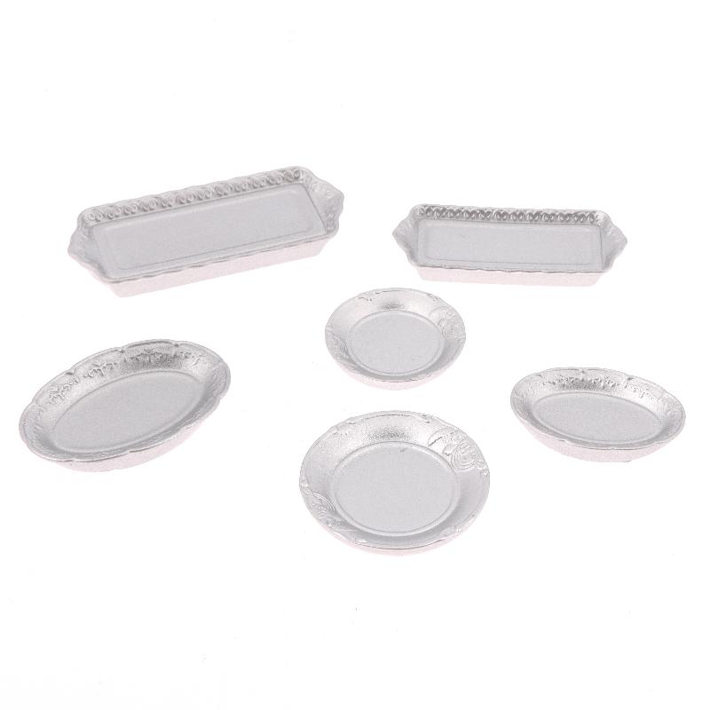 6 szt. 1/12 Domek dla lalek Srebrny talerz obiadowy Taca na jedzenie Model Domek dla lalek Kuchnia Zastawa stołowa Dekoracja Zabawka Akcesoria do domku dla lalek
