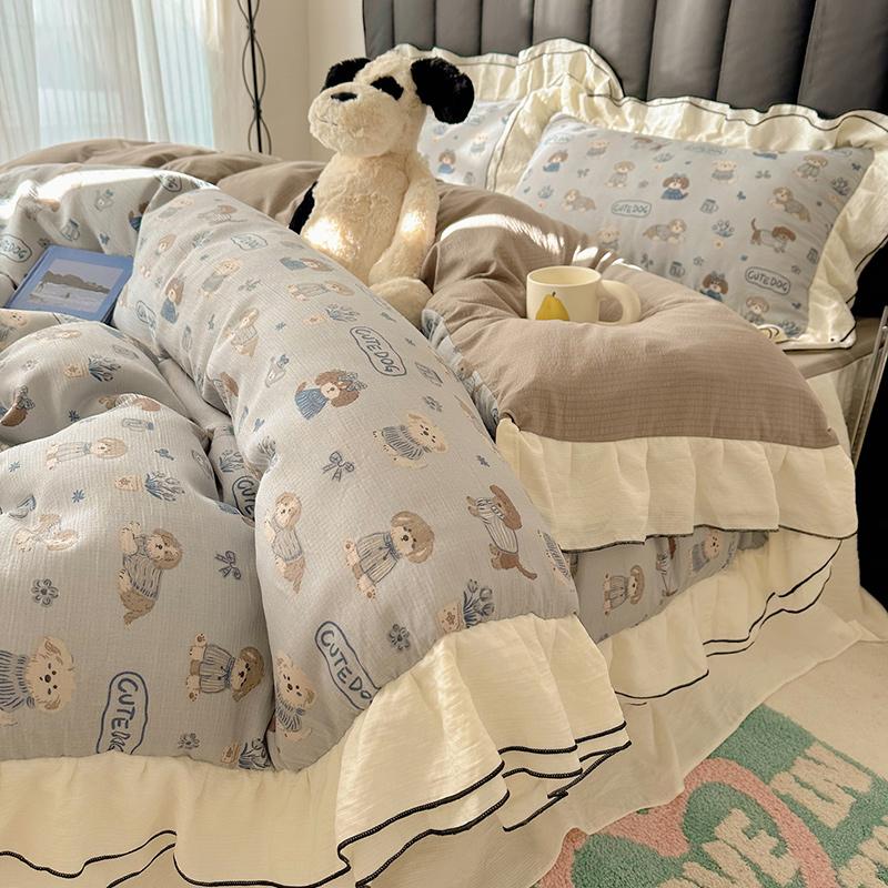Sleep Grid Double-layer Yarn Wrinkled Yarn Korean Fresh Style Bed Skirt Four Piece Set