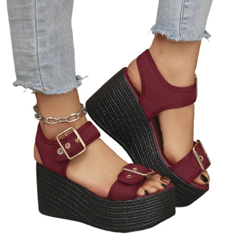 Summer New Slope with Fish Mouth Thick Bottom One Word Women's Sandals Belt Buckle Women's High Heels Sandals Women's Pumps