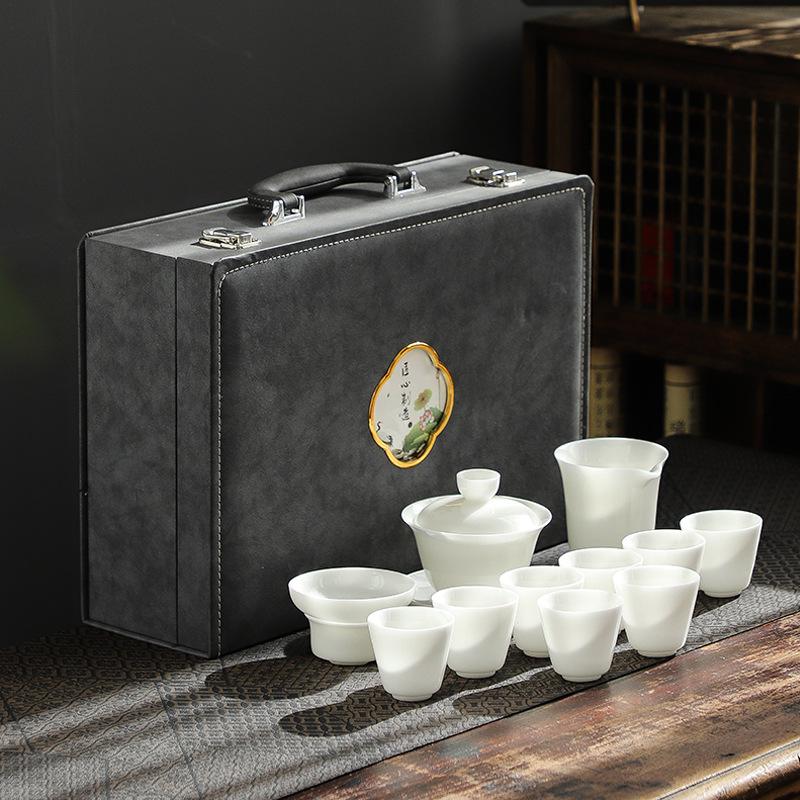 High-end suet jade ice seed jade porcelain kung fu tea set, home gift gift