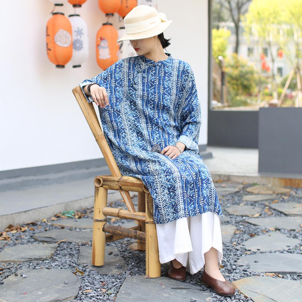 Johnature Women Vintage Stand Print Floral Dress Bat Sleeve Spring Blue A-Line Button Dresses