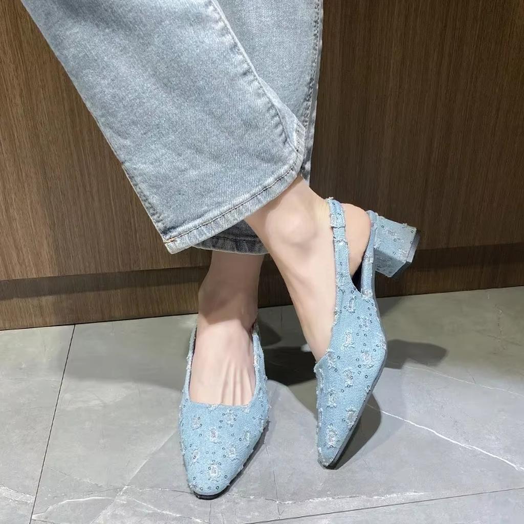 Sommer Neue Große Größen Denim Pailletten Geschlossene Zehen Blockabsatz Sandalen Damen