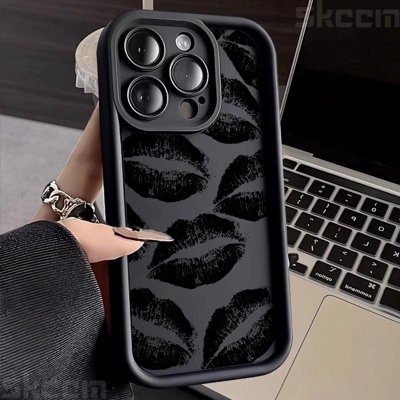 Custodia per Telefono in Morbido Silicone con Stampa Bacio Labbra Nere e Rosse per iPhone 16 Pro Max 15 14 Plus 11 12 13 7 8 Plus X XS XR 16E Cover