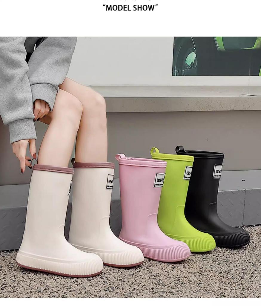 Women's High Tube Japanese Style Fleece-Lined Waterproof Rain Boots - Non-Slip, Lightweight & Wear-Resistant.
