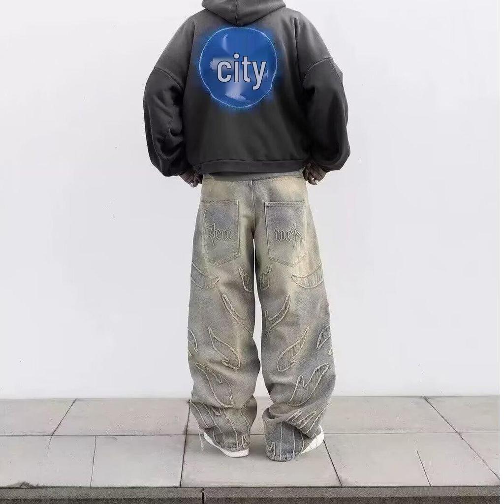 Amerikanische Retro Jeans mit Stickerei-Patchwork, gerade geschnitten