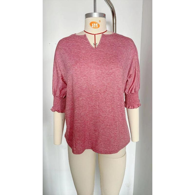 Loose V-neck Solid Color Five Quarter Sleeve Top Women's T-shirts