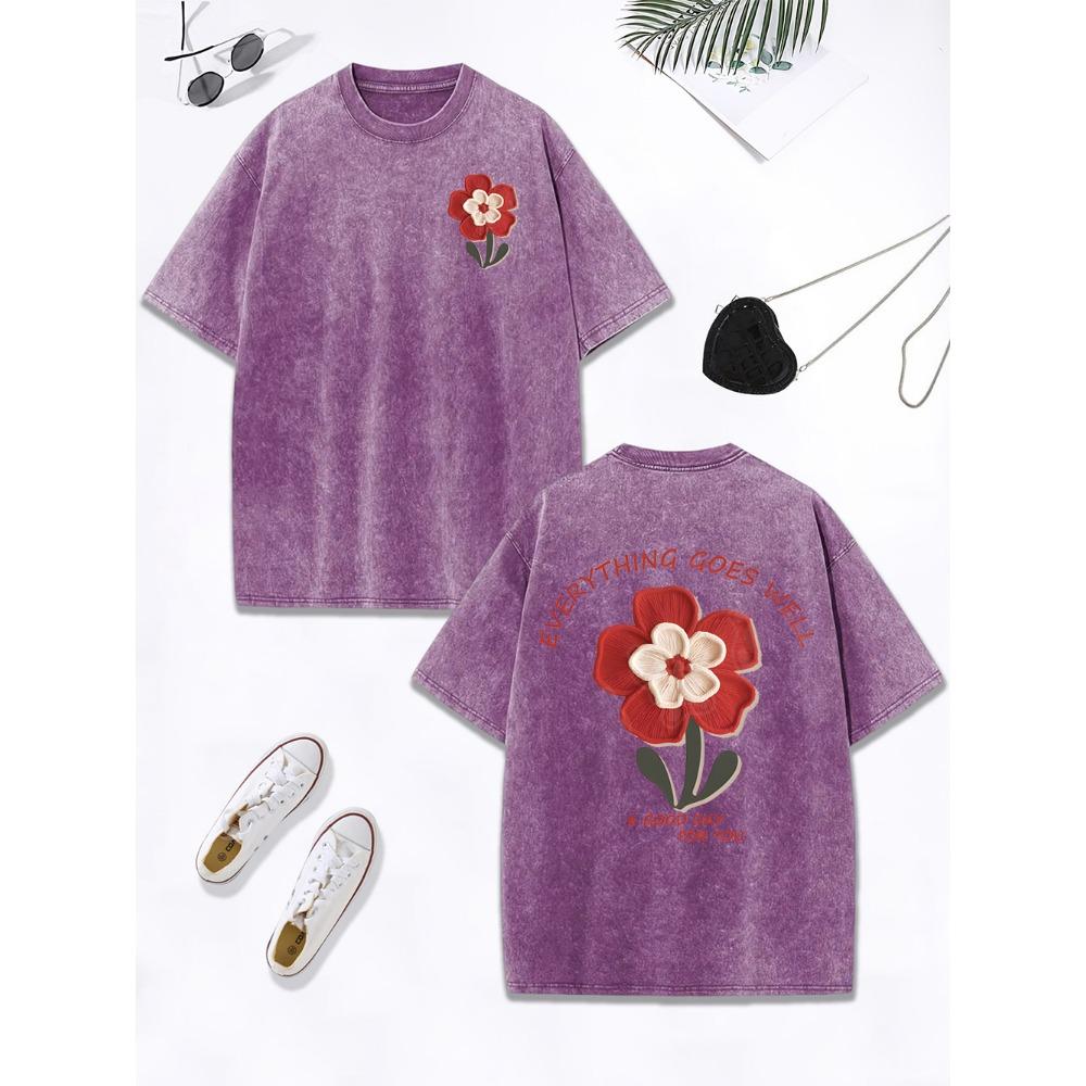 Everything Goes Well Flower Printing Washed T-Shirt Women Cotton Oversize Tops O-Neck Distressed T Shirt Clothes