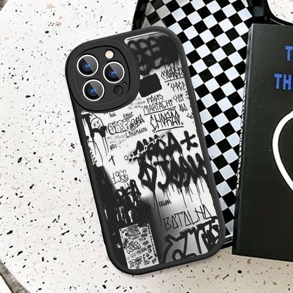 Coole Schwarze Graffiti Handyhülle Hartleder Für iPhone 16 15 14 13 12 Mini 11 14 Pro Max Xs X Xr 7 8 Plus Fundas
