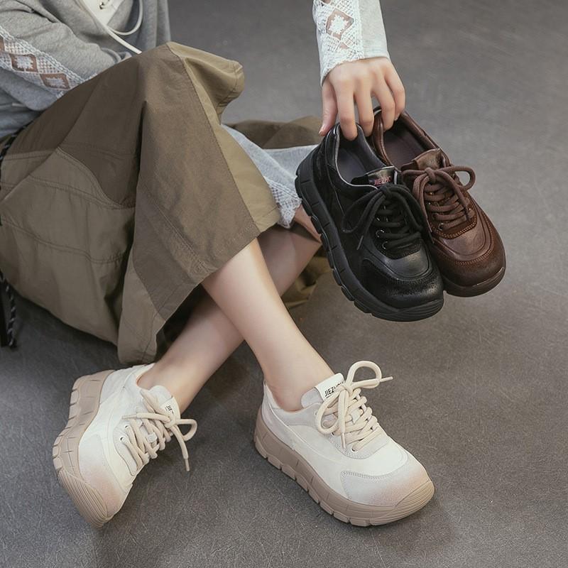 Johnature Genuine Leather Retro Thick Soled Shoes With Lace Up Commuting Versatile Women's Shoes