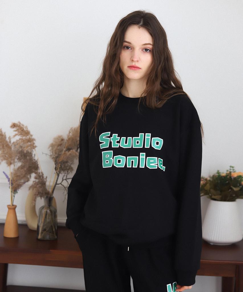 BONIEE [Fleece Lined] Block Typo Graphic Oversized Sweatshirt Black