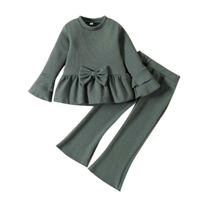 Children Girl's Top and Flared Pants Set Solid Color Long Sleeved Pullover Trousers Kids Clothing Set