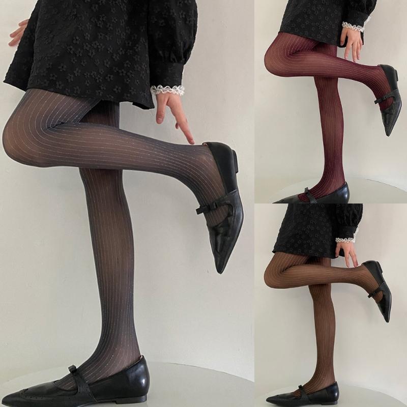 Women Thin Colored Stockings Shimmering Striped Sexy Semi Sheer Pantyhose Tights