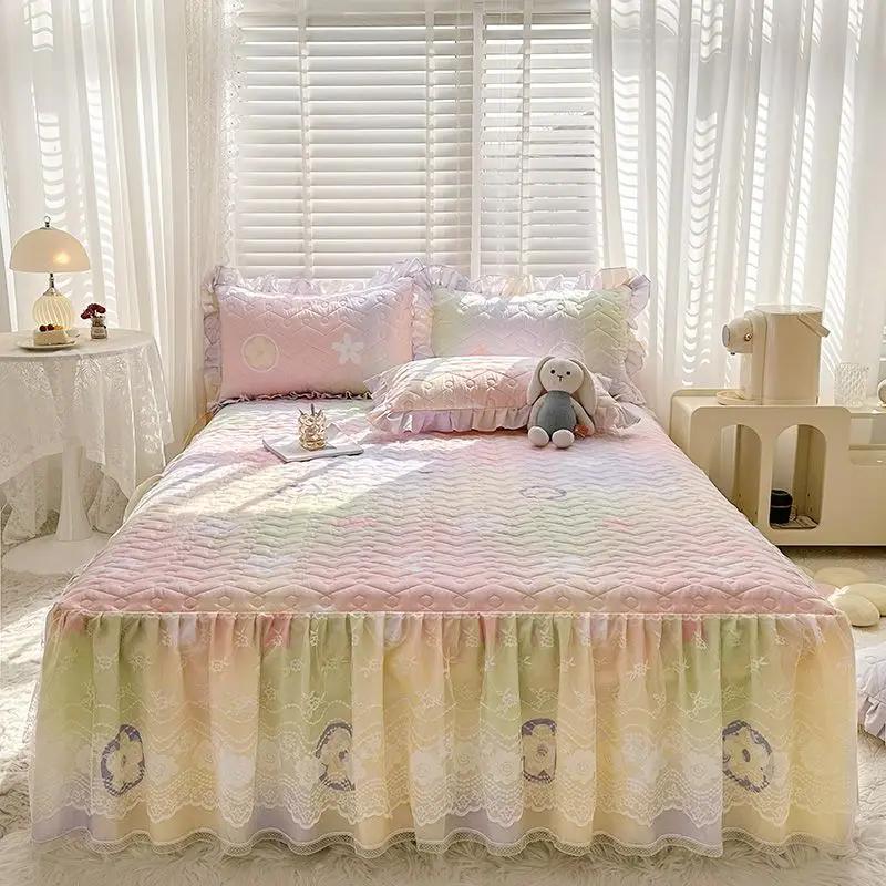 Bawełniana i lniana falbanka na ramę łóżka z nadrukiem trzyczęściowy zestaw gradientowa pikowana koronkowa narzuta antypoślizgowa pyłoszczelna pościel prześcieradła