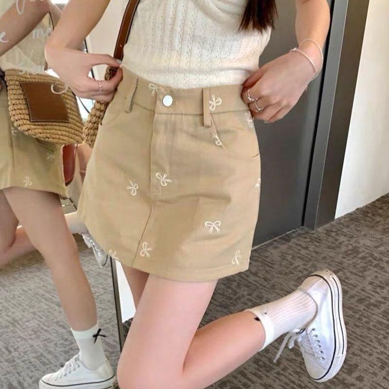 Sweet Bow Embroidered Denim Skirt Skirt Women Summer High Waist A-line Hip Short Skirt