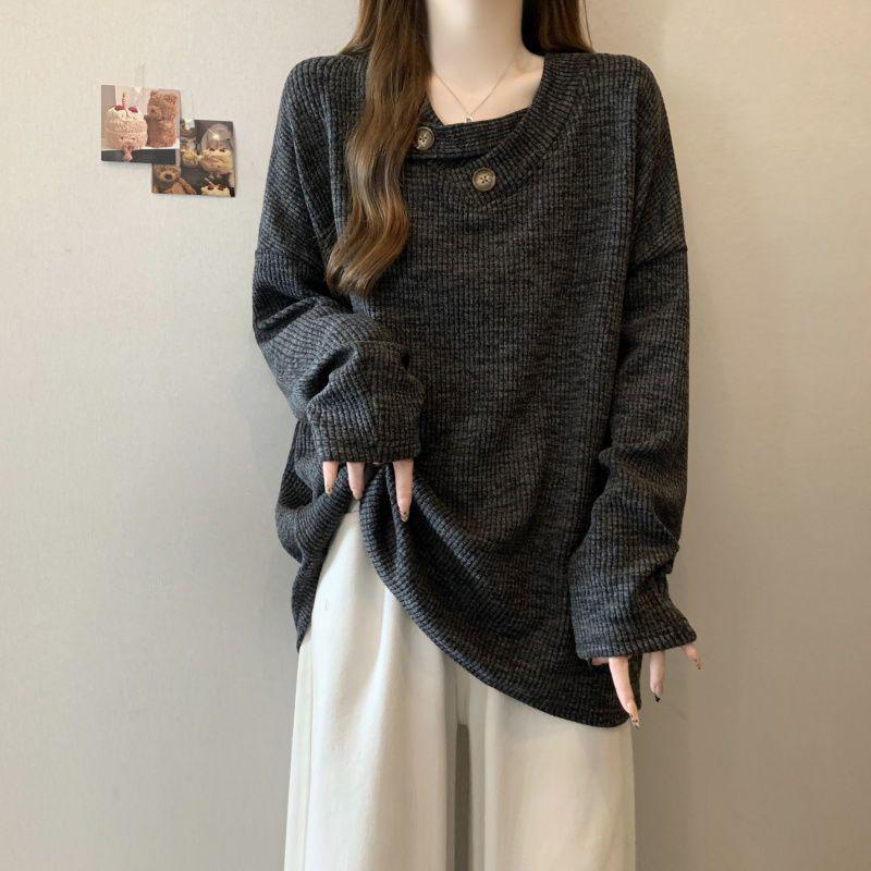

Plus Size Ribbed Crew Neck Long Sleeve Top for Women - Loose, Slimming, Flaw-Hiding Autumn Base Layer M темно-серого