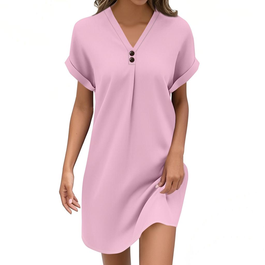 Women's Fashion V-neck Solid Color Pullover Casual Button Dress