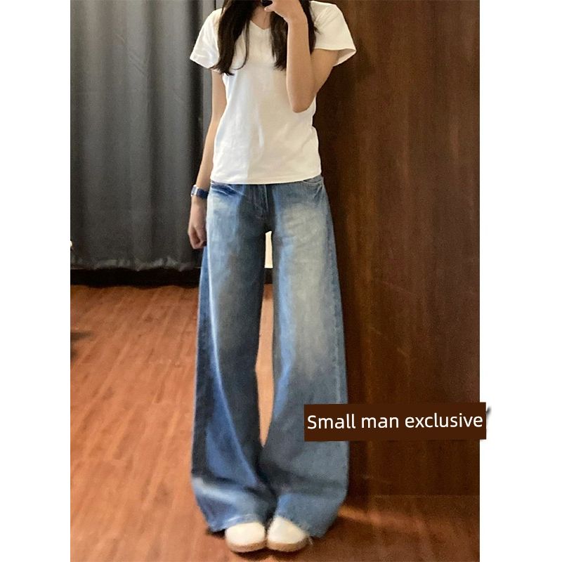 Small Washed Light Color Wide Leg Denim Female Stylish High Waist Loose Slimming and All-Matching Straight-Leg Trousers Summer