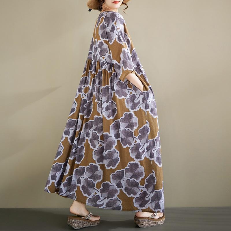Short Sleeve Plus Size Cotton Vintage Floral New In Dresses for Women Casual Loose Long Summer Dress