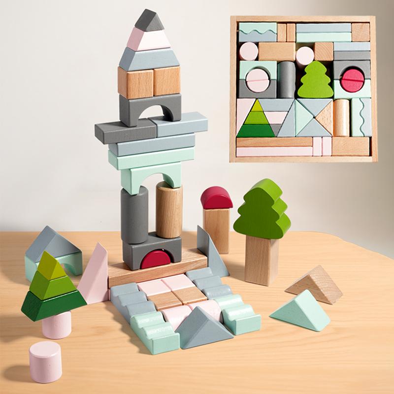 Children Wooden Building Block Stacking Block 43pcs Baby Early Educational Preschool Toy for Children