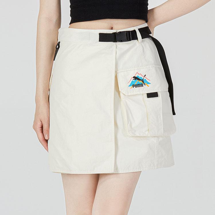 Puma Solid Color Letter Logo Print Big Pocket A-Line Comfortable Sports Casual Skirt Women Skirts Beige 537428-65