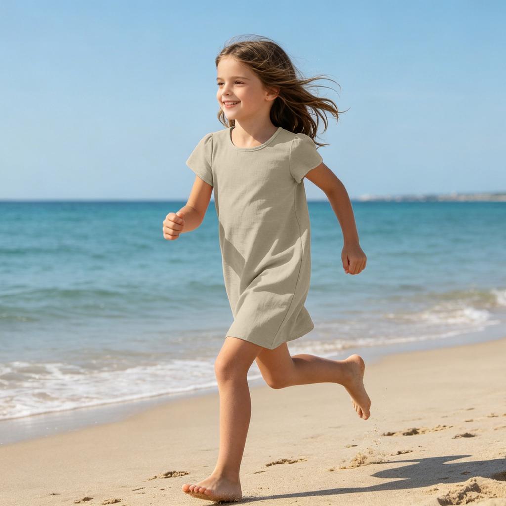 Girls Casual Short Sleeve Dress Lightweight Breathable Summer Dress Made from Cotton Linen Fabric Comfortable Fit Simple Design