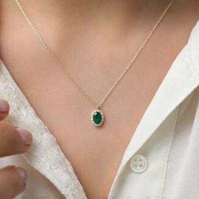 Huitan Temperament Women Necklace with Oval Green Cubic Zircon Pendant Elegant Female Neck Accessories Wedding Eternity Jewelry