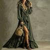 Women Casual Long Sleeve Dress V Neck Ruffle Trim Maxi Dress Retro Style Loose Fit Bohemian Dress