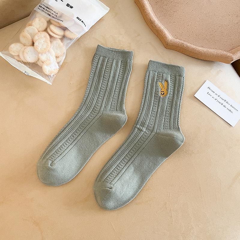 Female Spring and Autumn Solid Color Striped Bunny Embroidery Boneless Drum Pile Pile Socks