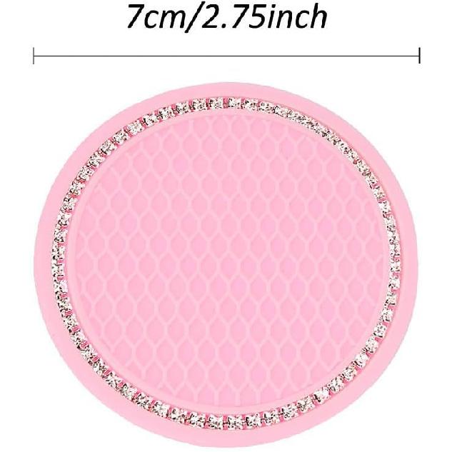2 Pack Bling Cup Holder Ert Coasters, 2.75 Inch Soft Crystal Rhinestone Rubber Pad Set Round Auto Drink Coaster Car Interior Accessories (Pink)