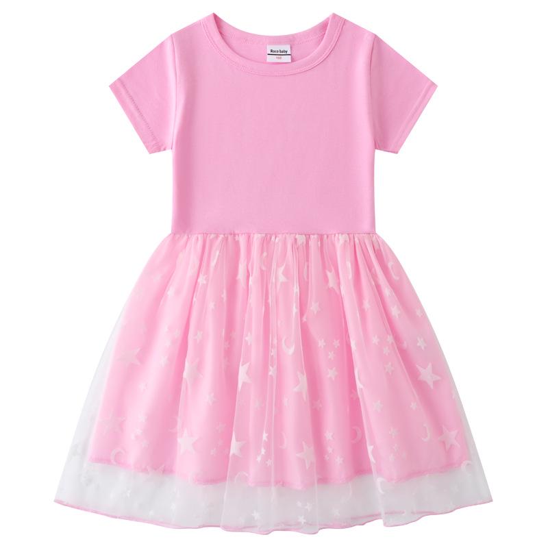 Korean Style Children's Princess Dress - Short/Long Sleeve with Stars, Rainbow Sequins, and Mesh Pleats for Spring, Summer, and Autumn