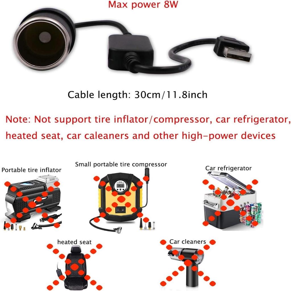 USB-A-Stecker auf 12V 8W Zigarettenanzünderbuchse Adapterkabel für Dashcams, GPS-Geräte, LED-Lichtleisten im Auto und andere Kfz-Elektronik