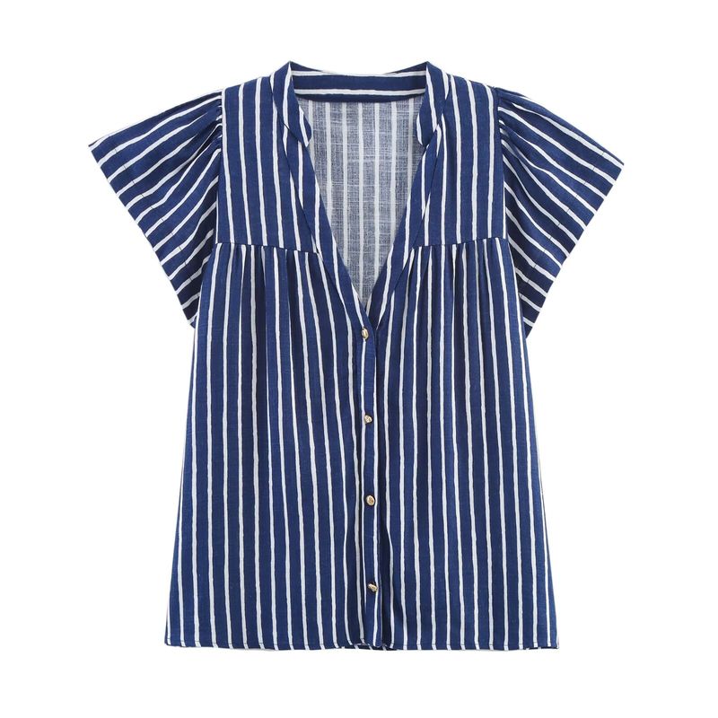 Kaslead New Women Clothes Western Style Blended Stripe Short Sleeve Shirts Shorts 8100669 8100669