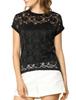 Allegra K Lace Short Floral Round Size L Women's Top, See-Through Blouse, Sleeve, Print, Neck, Thin, Black,