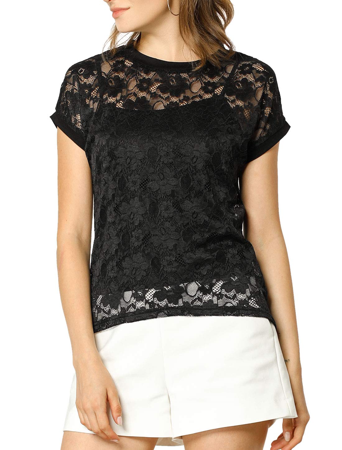 

Allegra K Lace Short Floral Round Size L Women s Top, See-Through Blouse, Sleeve, Print, Neck, Thin, Black, чёрный