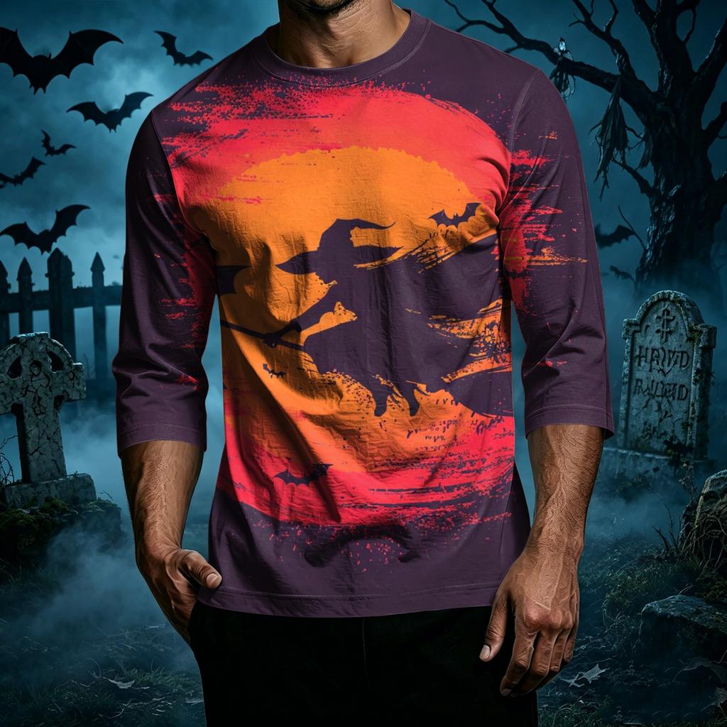 Men's Casual Halloween Graphic Crew Neck T-Shirt Three Quarter Sleeve Top Printed Design Comfortable Fit