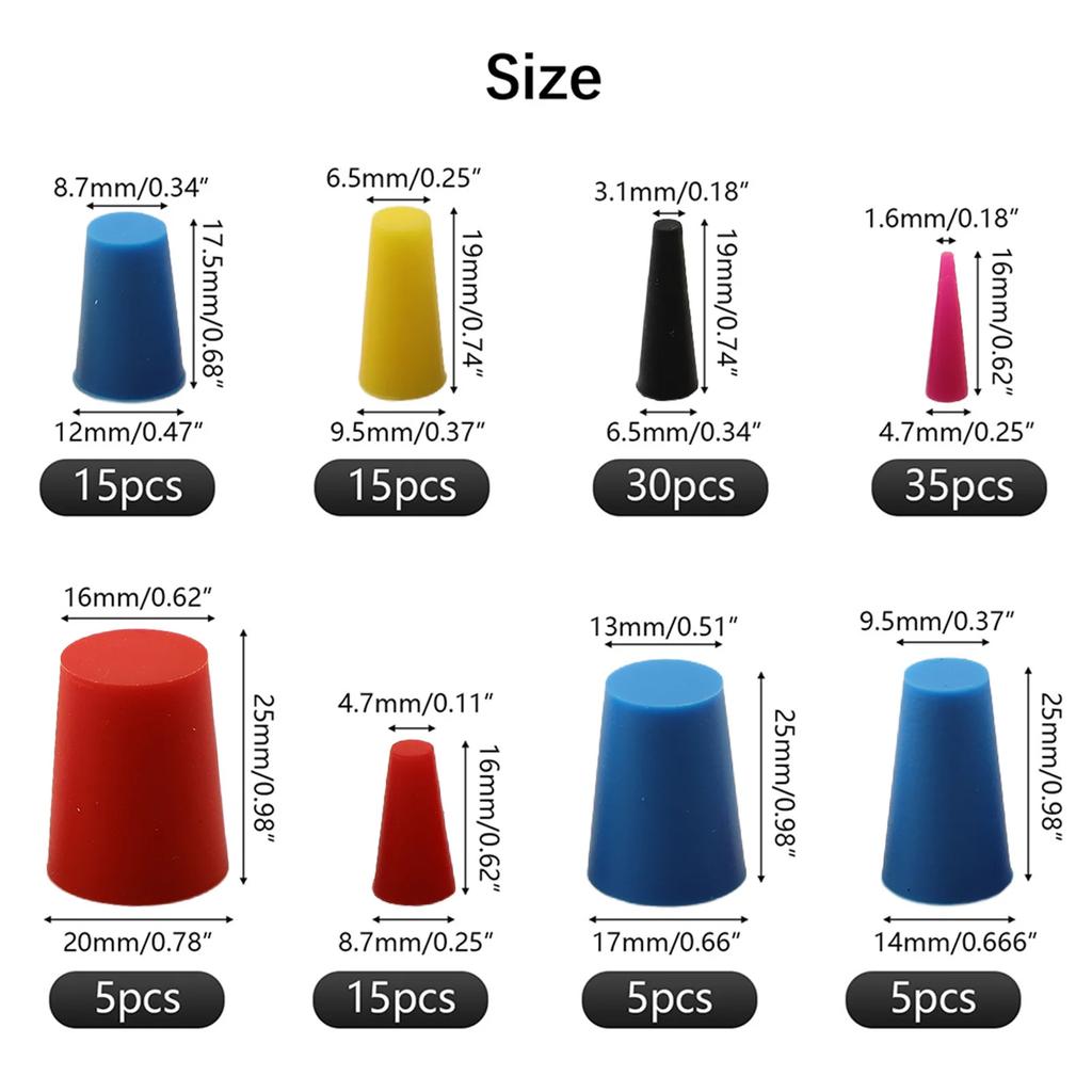 Silicone Rubber Tapered Kit 125PCS for Covering Holes in Paint and Oil Work Conveniently Stored in Plastic Box