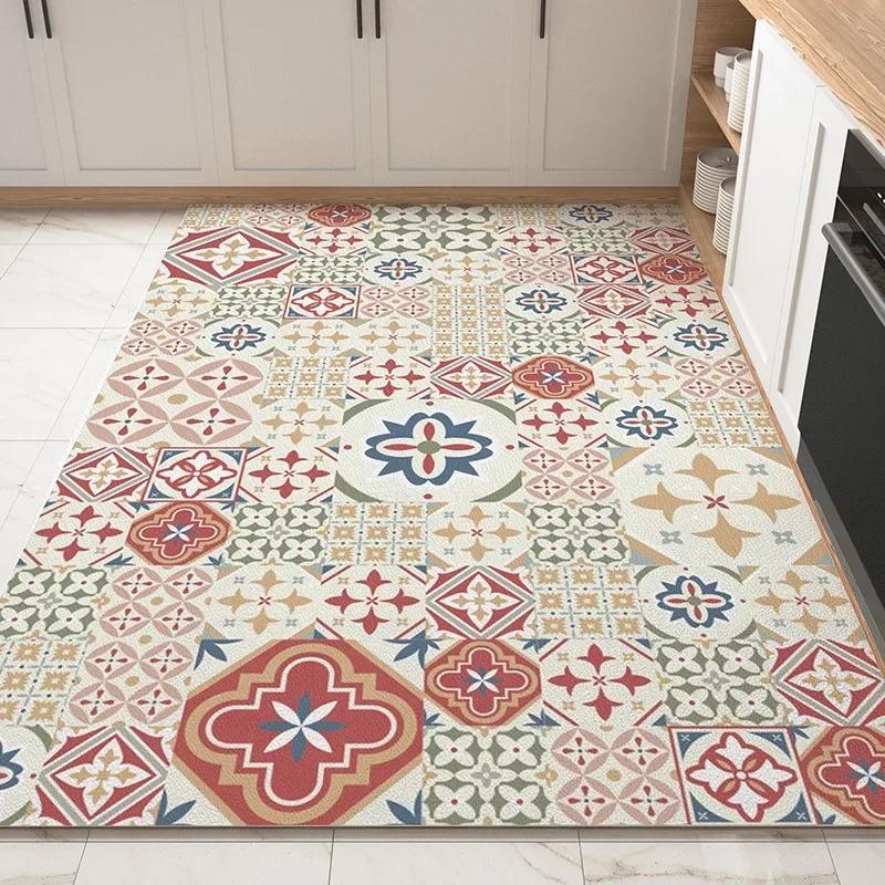 PVC Kitchen Carpet Waterproof Non-slip Floor Mat Large Oil-proof Leather Foot Mats American Retro Bohemian Home Decoration Rug